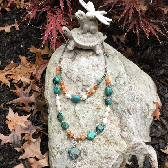 Turquoise, Amber, Pearl, Silver Gemstone Necklace - Picture 5 of 8